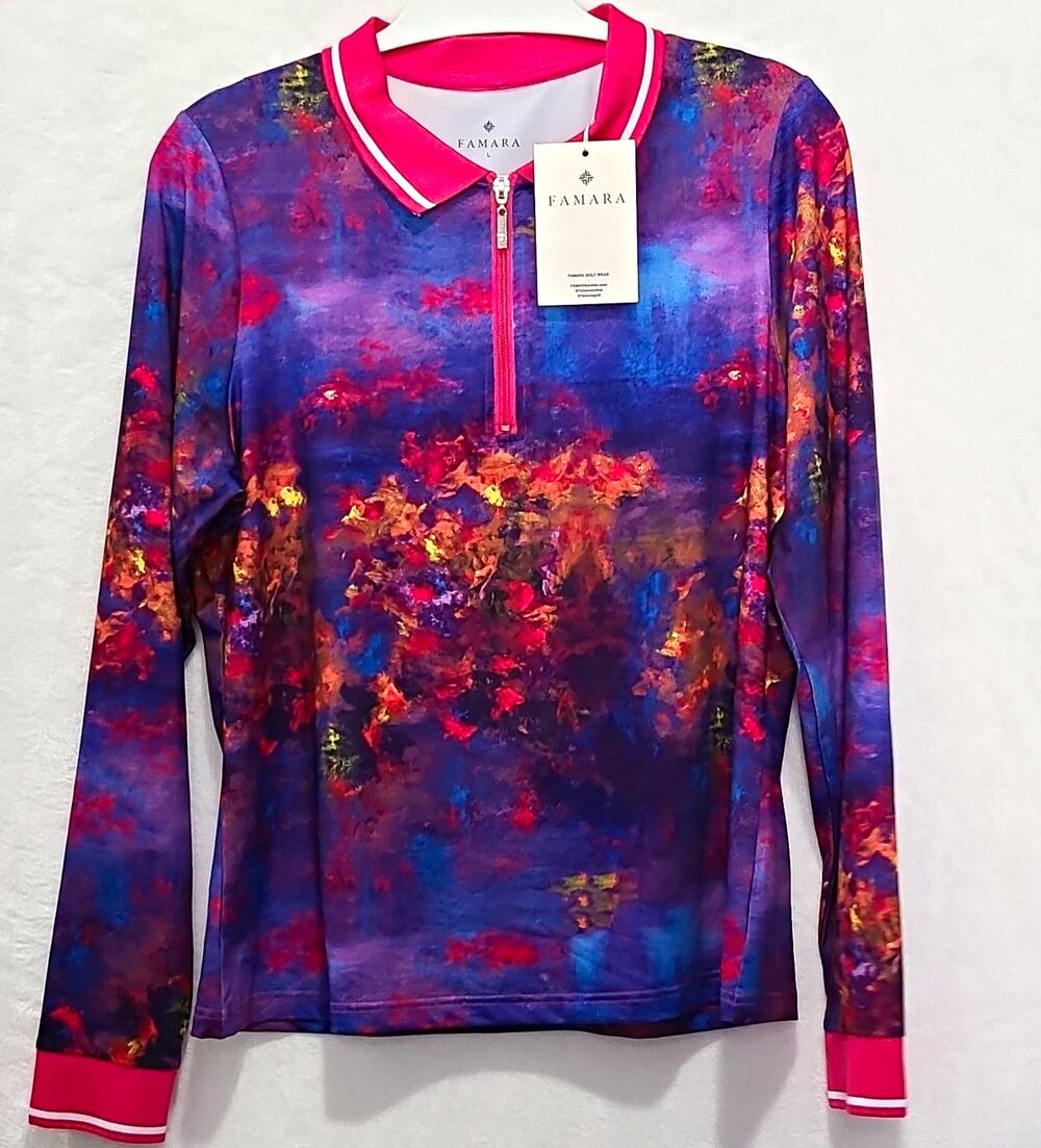 NWT FAMARA Luxury Golf Shirt Womens L Long Sleeve Mid Layer 1/4 Zip Monet Print
